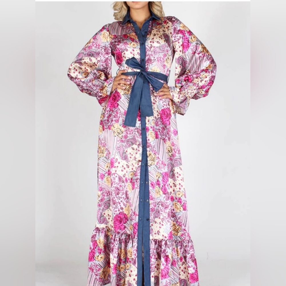 A-line Maxi Dress with Floral Design Multicolor Size Medium. NWNT